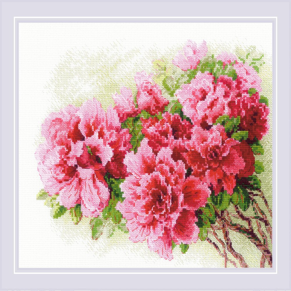 RIOLIS - Gorgeous Azalea 2258, Floral Cross Stitch Kit 11"x9, Cross Stitch Kit for Beginners & Advanced, Crossstitching Kits Adult, Counted Stitching Kits, Flowers Embroidery Kit