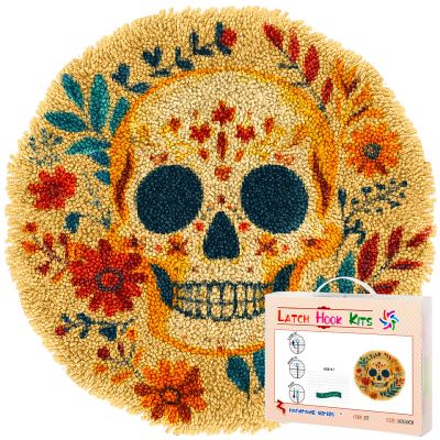 Latch Hook Rug Kit for Adults Skull and FlowersStamped Handmade Round Shape Carpet Crochet Yarn Craft DIY Hook and Latch Door Mat Tapestry for Home Floor Decor 50x50cm(3)