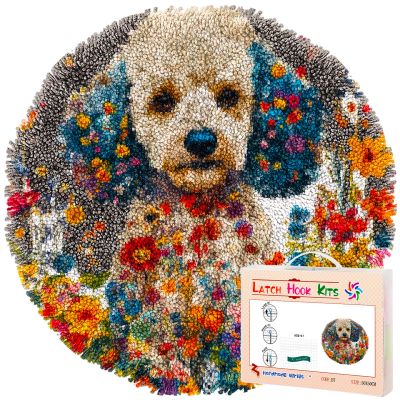 Latch Hook Rug Kit for Adults Poodle Dog in Colorful FlowersStamped Handmade Round Shape Carpet Crochet Yarn Craft DIY Hook and Latch Door Mat Tapestry for Home Floor Decor 50x50cm(2)