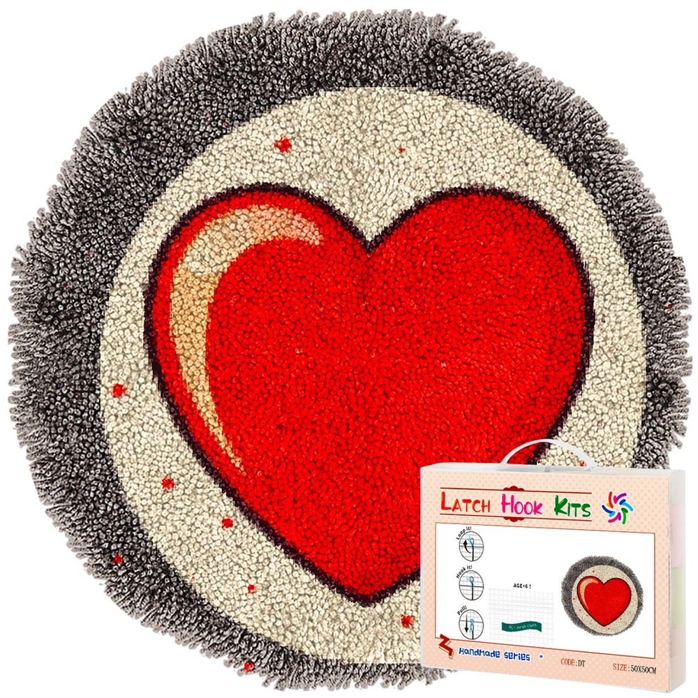 Latch Hook Rug Kit Love Heart-Shape in Red Stamped Handmade Round Shape Carpet Crochet Yarn Craft DIY Hook and Latch Door Mat Tapestry for Home Floor Decor 50x50cm