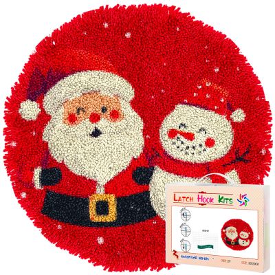 Latch Hook Rug Kit Merry Christmas Santa Claus and Snowman Stamped Handmade Round Shape Carpet Crochet Yarn Craft DIY Hook and Latch Door Mat Tapestry for Christmas Home Floor Decor 20x20inch(1)