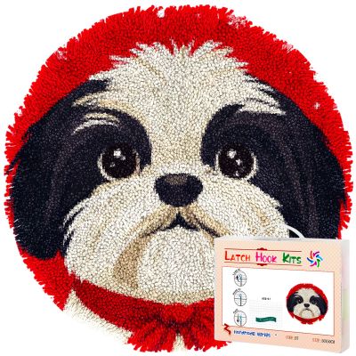 Latch Hook Rug Kit Merry Christmas Shih Tzu Dog Stamped Handmade Round Shape Carpet Crochet Yarn Craft DIY Hook and Latch Door Mat Tapestry for Christmas Home Floor Decor 20x20inch(9)