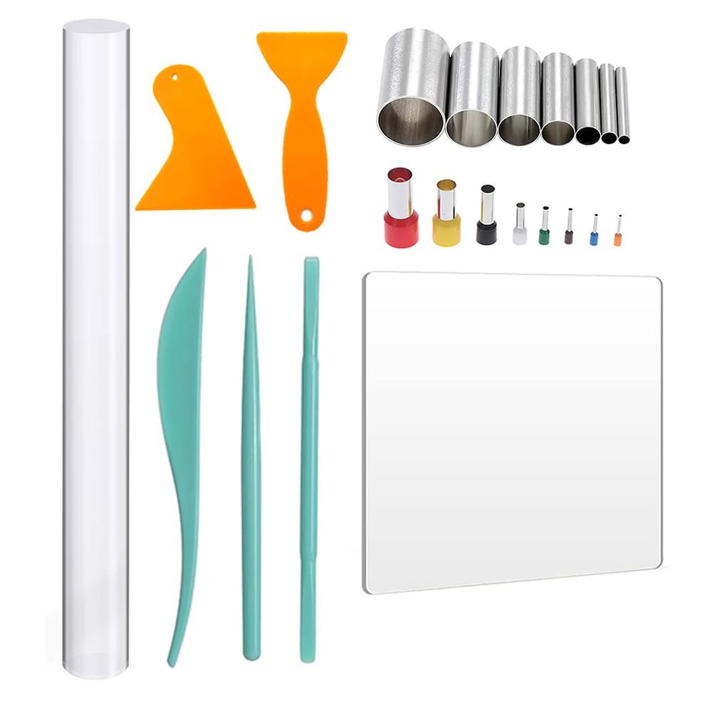 22PCS Polymer Clay Tool Set Acrylic Clay Roller with Acrylic Sheet Backing Board Clay Modeling Shaping Tool Plastic Clay Scraper Round Shape Clay Cutters for Pottery Polymer Clay DIY Sculpting Craft