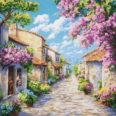 Landscape Home Decor Embroidery,Street with Blooming Flowers,Pre Printed Cross Stitch Kits for Adults,11ct Stamped Embroidery Kits for Beginners,DIY Wall Art Decor,40x50 cm