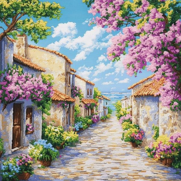 Landscape Home Decor Embroidery,Street with Blooming Flowers,Pre Printed Cross Stitch Kits for Adults,11ct Stamped Embroidery Kits for Beginners,DIY Wall Art Decor,40x50 cm