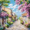 Landscape Home Decor Embroidery,Street with Blooming Flowers,Pre Printed Cross Stitch Kits for Adults,11ct Stamped Embroidery Kits for Beginners,DIY Wall Art Decor,40x50 cm view 1