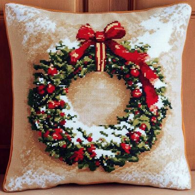 Bcdfgybcaxn Wreath Tapestry Pillow Cover DIY Needlepoint Kit, Christmas, Cross Stitch Cushion Kit, 45x45 cm, Adults Beginners
