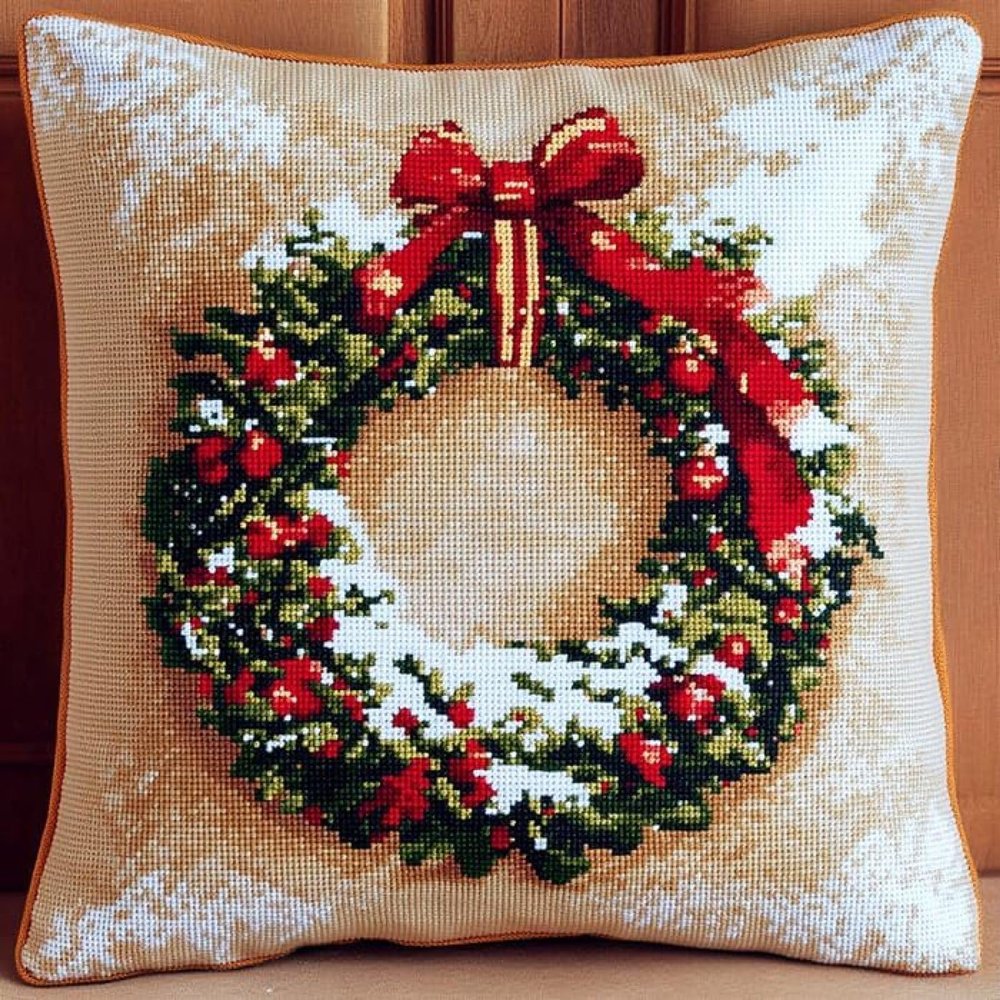 Bcdfgybcaxn Wreath Tapestry Pillow Cover DIY Needlepoint Kit, Christmas, Cross Stitch Cushion Kit, 45x45 cm, Adults Beginners