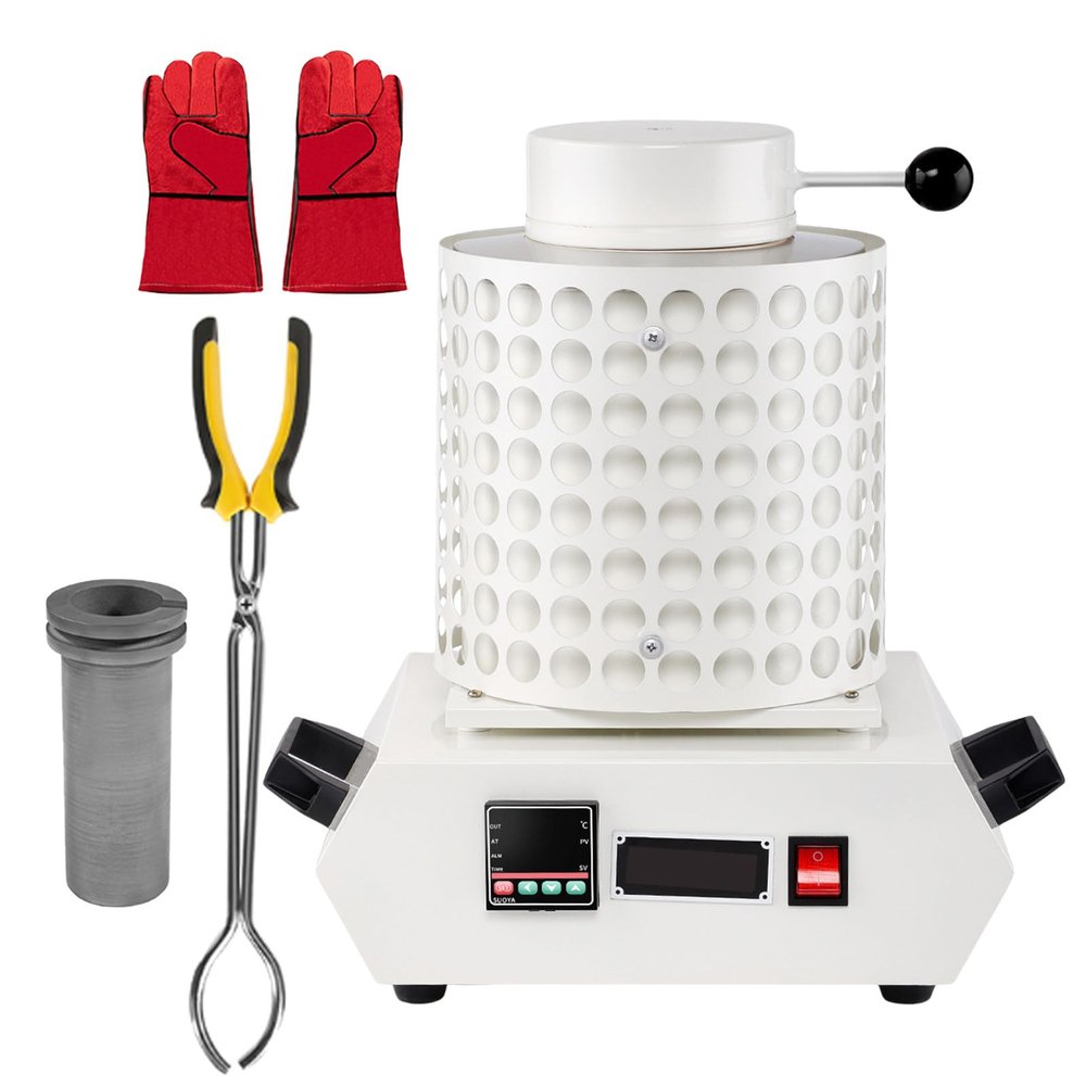 Gold Melting Furnace,2000w Metal Smelting Casting Kit,Temperature Control Display,External Exhaust Hole,With Insulation Net,Graphite Crucible,Heat Insulating Gloves,Crucible Tongs,White-3kg