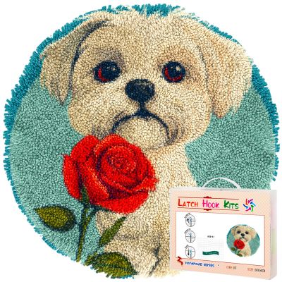 Latch Hook Round Rug Kit Cute Maltese Dog Hold Rose Stamped Handmade Round Shape Carpet Crochet Yarn Craft DIY Hook and Latch Door Mat Tapestry for Christmas Home Floor Decor 20x20in(4)