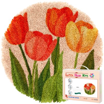 Latch Hook Rug Kit Tulips Flowers Graphic Stamped Handmade Round Shape Carpet Crochet Yarn Craft DIY Hook and Latch Door Mat Tapestry Christmas Home Floor Decor 20x20in-2