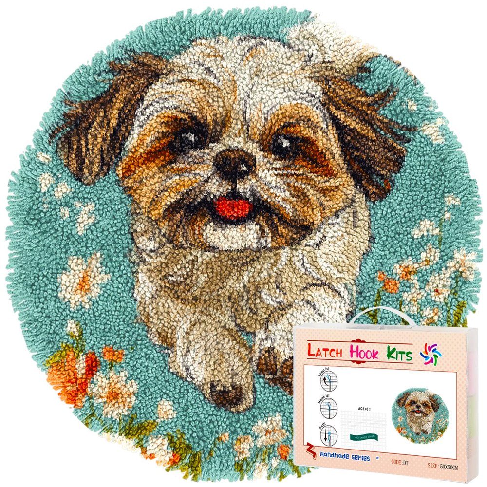 Latch Hook Round Rug Kit Cute Shih Tzu Dog Running in Flowers Stamped Handmade Round Shape Carpet Crochet Yarn Craft DIY Hook and Latch Door Mat Tapestry Christmas Home Floor Decor 50x50cm-20
