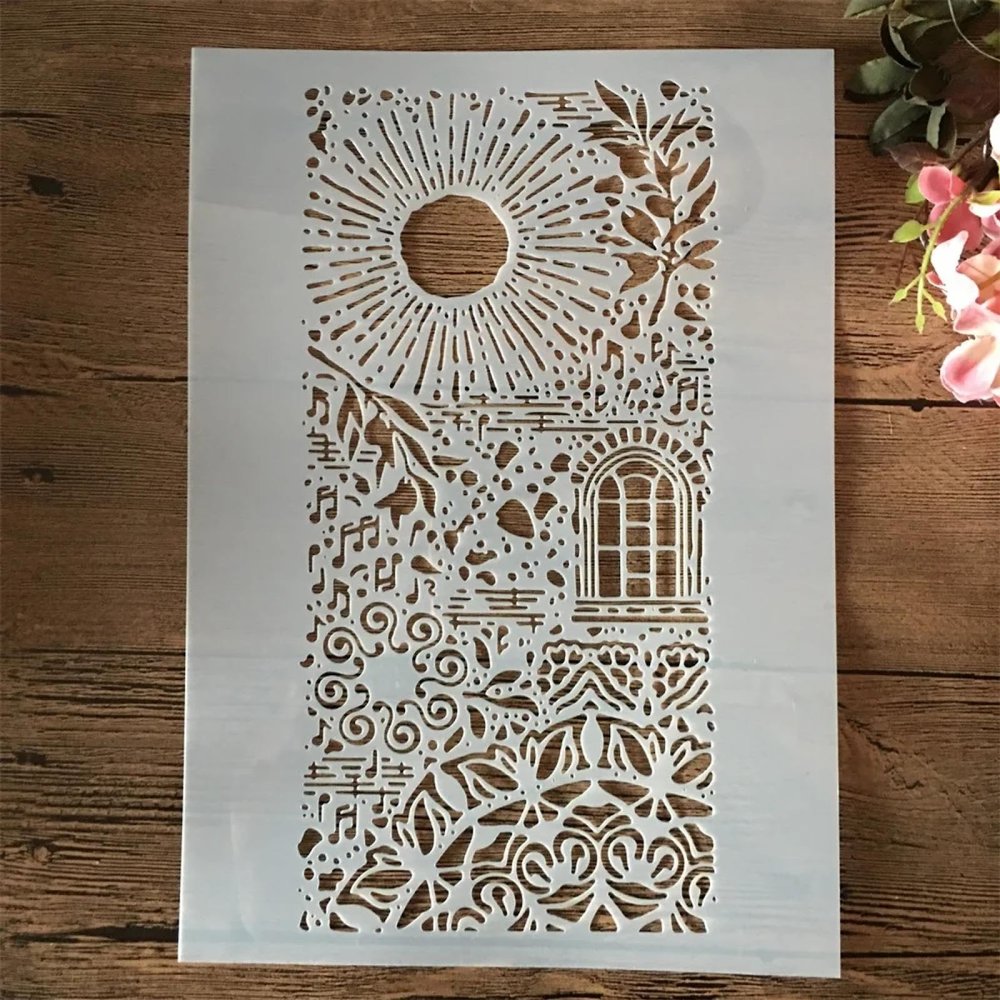 A4 29cm Sun Window House Garden Reusable Stencils for Painting on Wood,Stencil for Craft Ornament,Paint Template,Stencils for Wall Rock Canvas Home Dcor