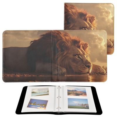 FOLIOSA Lion Beside Lake Photo Album Leather Cover, Self Adhesive Scrapbook Album for 2x3, 4x6, 5x7, 6x8 Photos for Family Travel Wedding