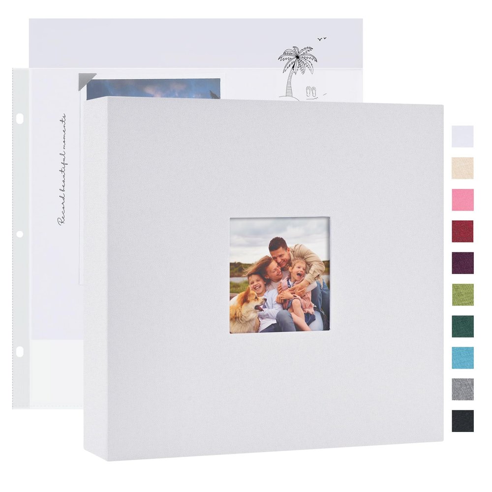 Mublalbum 8x8 Inch DIY Scrapbook Photo Album with 20 Plastic Sleeves 40 Pages Linen Cover 3 Ring Folder Binder for Wedding Baby Family and DIY Projects (White)