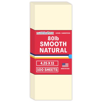 100 Natural Smooth Card Stock Sheets Paper - 4.25 X 11 Inches Half Letter Size Cut Long - 80# (80 lb/pound) Cover Weight - Quality Paper - Smooth Finish