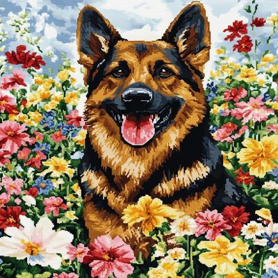 German Shepherd Dog Cross Stitch Kit,Flower Dog,DIY Cotton Thread Art Needlework,11CT Cross Stitch Fabric Painting Craft, Handmade Embroidery Print Set,16x20 inches