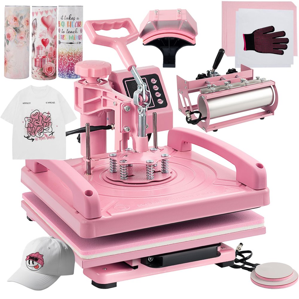 Leomru 5 in 1 Heat Press Machine 15x15 Inch, Heat Press Machine for T Shirts Hat Cap Mug Plate 360 Swing Away, Sublimation Heat Press Heat Transfer Machine W/ 30OZ Tumbler Press Pink