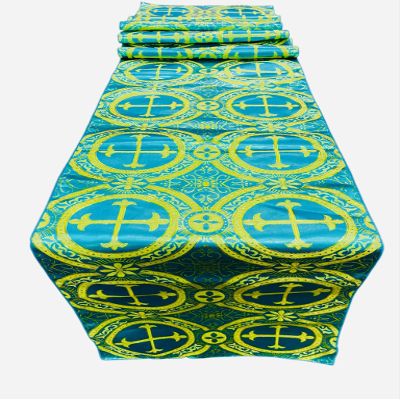 Backdrop King Inc, Religious Brocade Runner Tablecloth | Liturgical Fabric | Runner Ecclesiastical Jacquard | Church | Vestment-Cross Brocade. (Turquoise Gold, 14" Wide x 108" Long)
