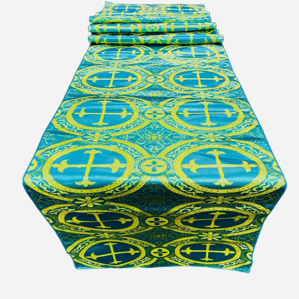 Backdrop King Inc, Religious Brocade Runner Tablecloth | Liturgical Fabric | Runner Ecclesiastical Jacquard | Church | Vestment-Cross Brocade. (Turquoise Gold, 14" Wide x 108" Long)