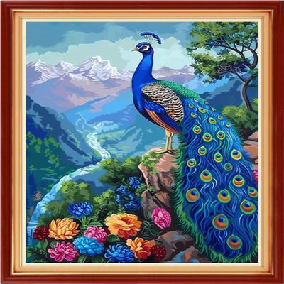 Funchey Stamped Cross Stitch Kits, DIY Cross Stitch Pattern for Adults Beginners Needlepoint Kits Embroidery Kit Arts and Crafts 11CT&Blue Peacock Landscape 16x20 inch
