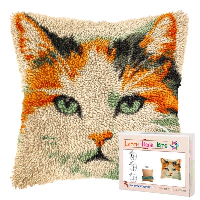DIY Latch Hook Pillow Kits Cat Face Printed Pillowcase Crochet Yarns Hooking Handmade Pillow Cover Cushion for Home Sofa Decoration 17x17inch-1
