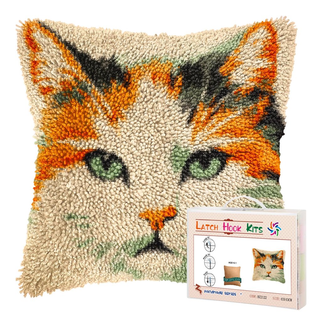 DIY Latch Hook Pillow Kits Cat Face Printed Pillowcase Crochet Yarns Hooking Handmade Pillow Cover Cushion for Home Sofa Decoration 17x17inch-1