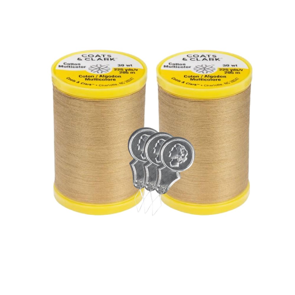 Coats & Clark Cotton All Purpose Sewing Thread 100% Mercerized Cotton 225 Yards Each Pool S970 2 Pack Bundle with 3 Bella's Crafts Needle Threaders (Camel)