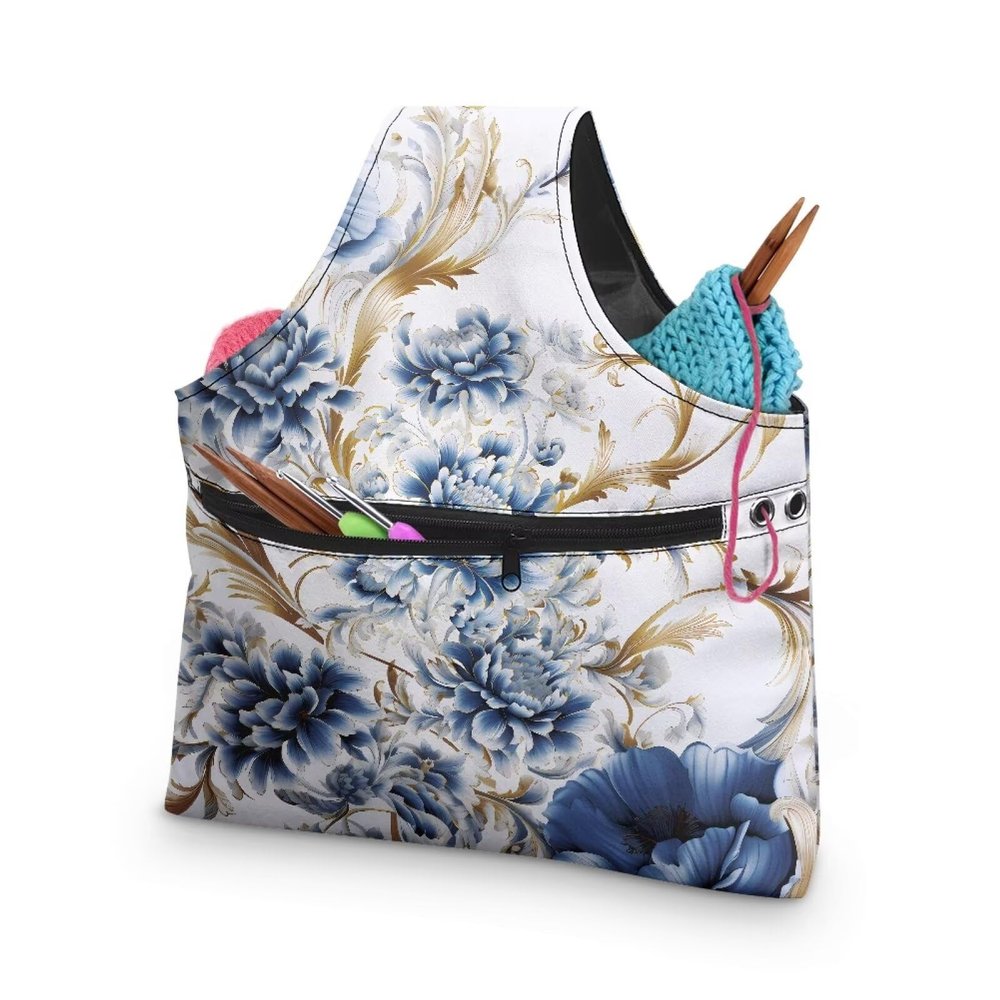 Qehuruxo Blue Flower Yarn Bag Knitting Bag Yarn Project Storage Bag Waterproof Yarn Project Storage Bag Yarn Bags for Crocheting on The Go