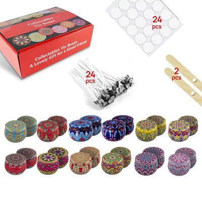 MENDELEEV STYLE Candle Tin 4.5 Oz Set 24 pcs Patterns Empty Candle Tins Candle Jars for Candle Making with Wicks, Wick Holders& Stickers + Beautiful Gift Wrap Box