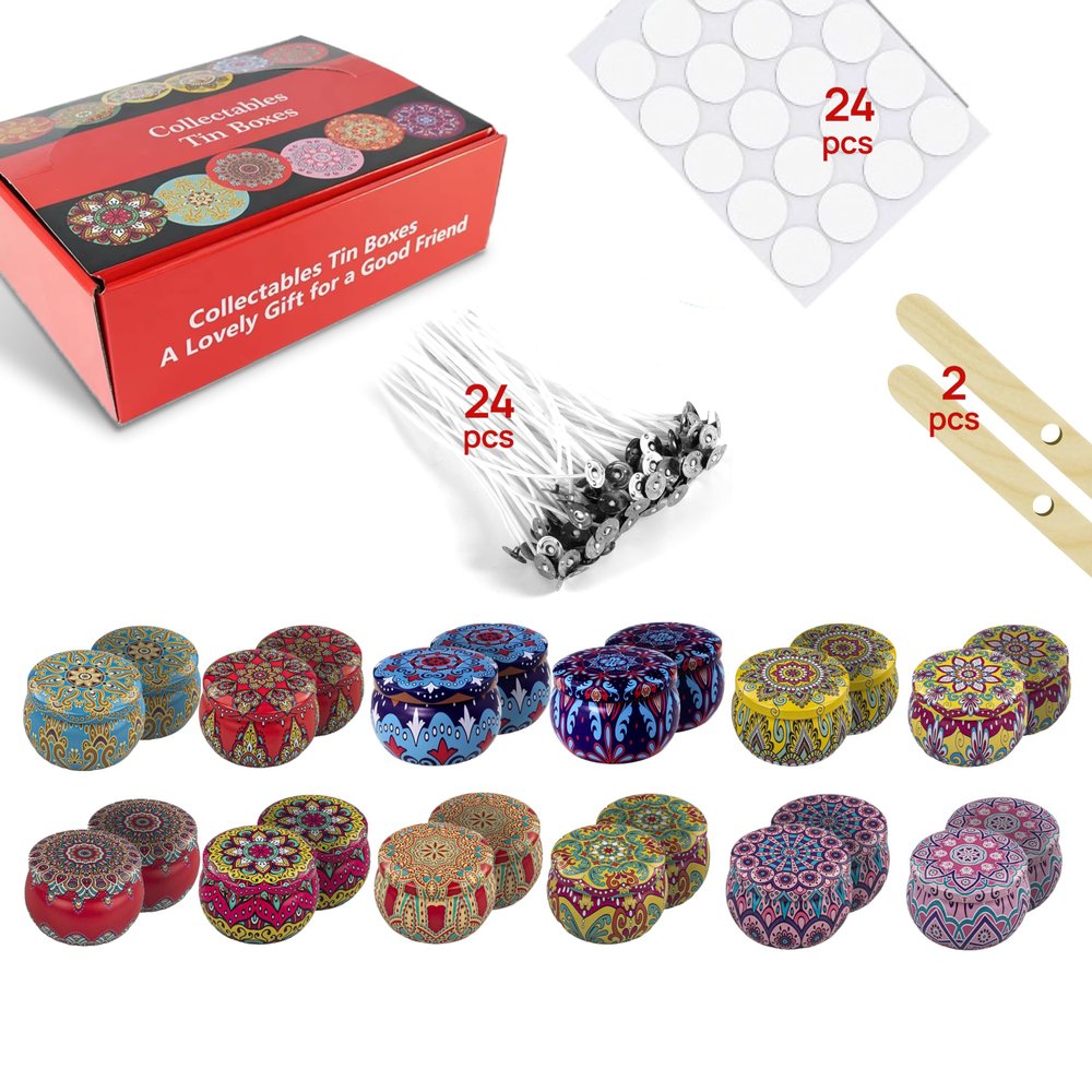 MENDELEEV STYLE Candle Tin 4.5 Oz Set 24 pcs Patterns Empty Candle Tins Candle Jars for Candle Making with Wicks, Wick Holders& Stickers + Beautiful Gift Wrap Box