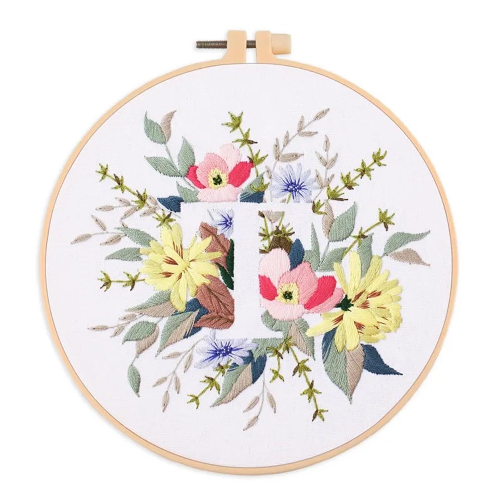 LNJMRU Floral Embroidery Kit for Beginner and Adults Cross Stitch Kits Embroidery Starter Kit with Initial Letter and Flower Pattern(Color-T,Without Hoop)