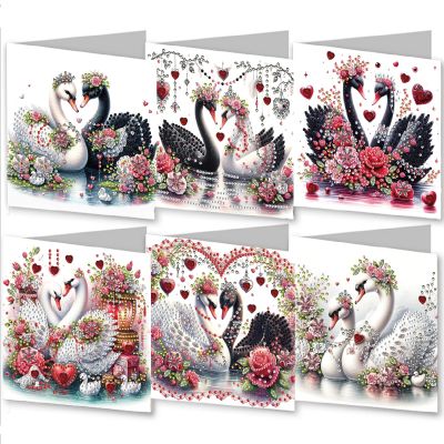 DIY Diamond Greeting Cards Set, 5D DIY Diamond Art Painting Festival Style Greeting Card, DIY Christmas Card Making Kits for Family Friends Handmade Gift-#16-6PC Swan Couple