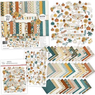 Collection - Grateful - for Thanksgiving Fall Autumn Turkey Day - 20 Double-Sided 12x12 Patterned Papers & Sticker Sheet & Die Cuts - Scrapbooking Scrapbook Card Making Crafting - Miss Kate Cuttables