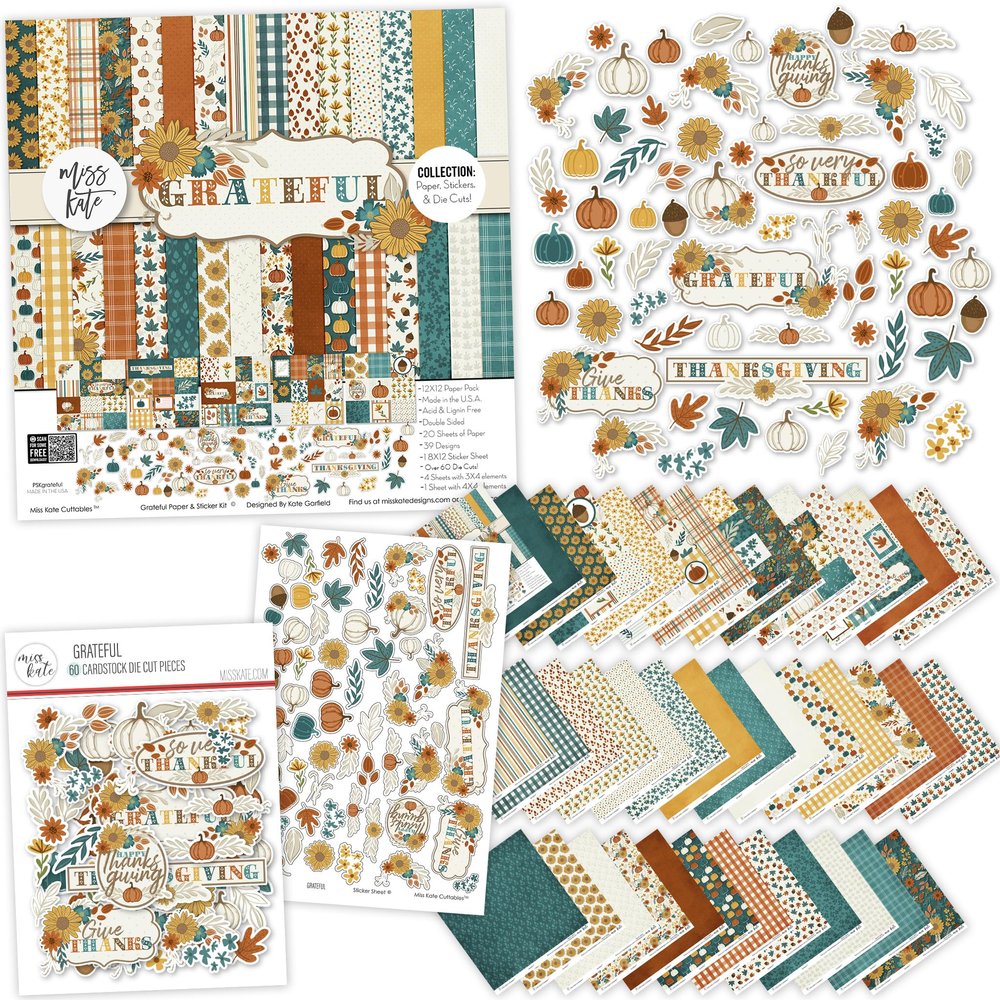Collection - Grateful - for Thanksgiving Fall Autumn Turkey Day - 20 Double-Sided 12x12 Patterned Papers & Sticker Sheet & Die Cuts - Scrapbooking Scrapbook Card Making Crafting - Miss Kate Cuttables