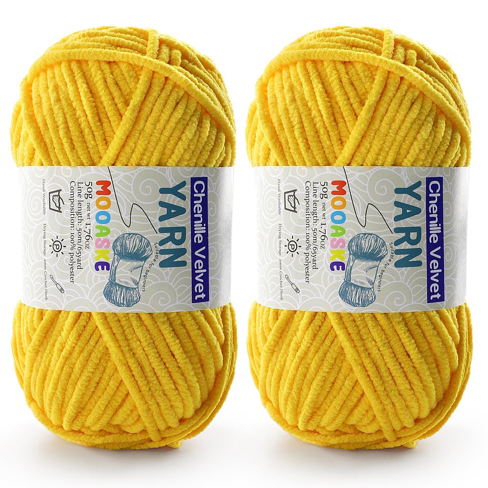 2 Pac Chenille Yarn for Crocheting - Blanket Yarn for Crocheting - Fluffy Yarn for Crochet, Baby Yarn for Crocheting Soft Blankets Weight Per Roll 50g/1.76oz, Length 60m/65yard (Golden Yellow)