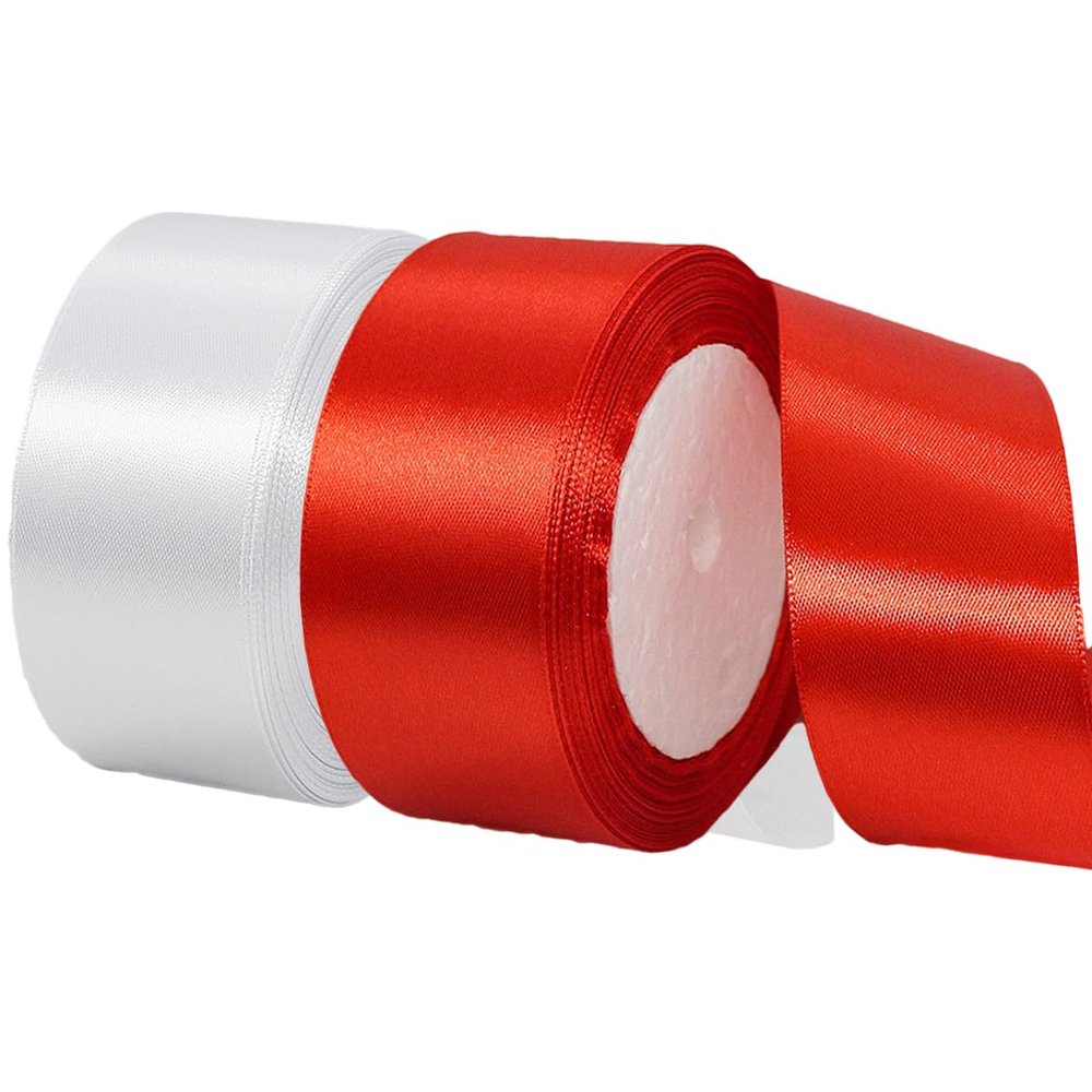 2 Rolls White Red Ribbon, 1-1/2 Inch x 50 Yards Satin Red White Fabric Ribbon for Flower Bouquets, Gift Wrapping, DIY Crafts, Birthday Cakes, Holiday, Wedding Party and Mothers Day Decorations