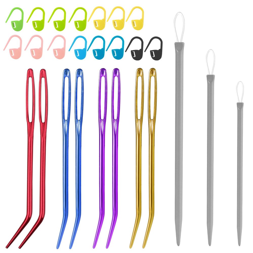 26 Pcs Large Eye Sewing Needles Kit, Yarn Darning Tapestry Needle Set Big Eye Sewing Needles Bent Curved Tip Crochet Needles Stitch Markers Accessories for Weaving Quilting Beading Project Supplies