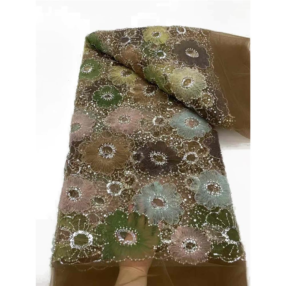 2024 African Beads Tulle Lace for Sequin Fabric Lemon Green Party Dress ML110N36 (Coffee)