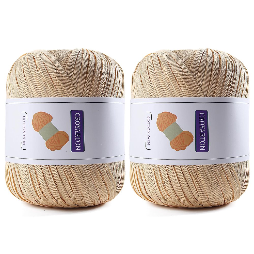 2 Pack Raffia Yarn for Crochet, Soft Cotton Yarn for Crocheting Summer Beach Bag/Hat, 228 Yards/3.52 Ounce Ribbon Paper Yarn for Beginners DIY Hand Knitting Handbag (Khaki)