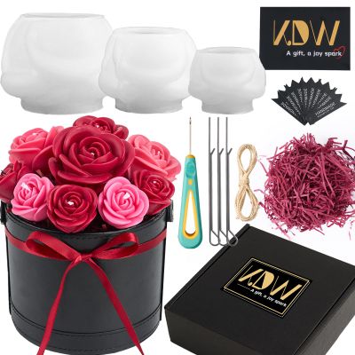 Rose Candle Making Kit with Candle Wicks Flower Silicone Mold for Candle Making Molds Set of Large + Medium + Small 3D Rose Molds DIY Handmade Soap Mould for Home Decor Valentine's Day Gift