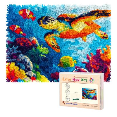 Latch Hook Rug Kit Colorful Sea Turtles Swimming Pre-Printed Handmade Carpet Crochet Yarn Craft DIY Hook and Latch Door Mat Tapestry for Home Floor Decoration 52x38cm-1