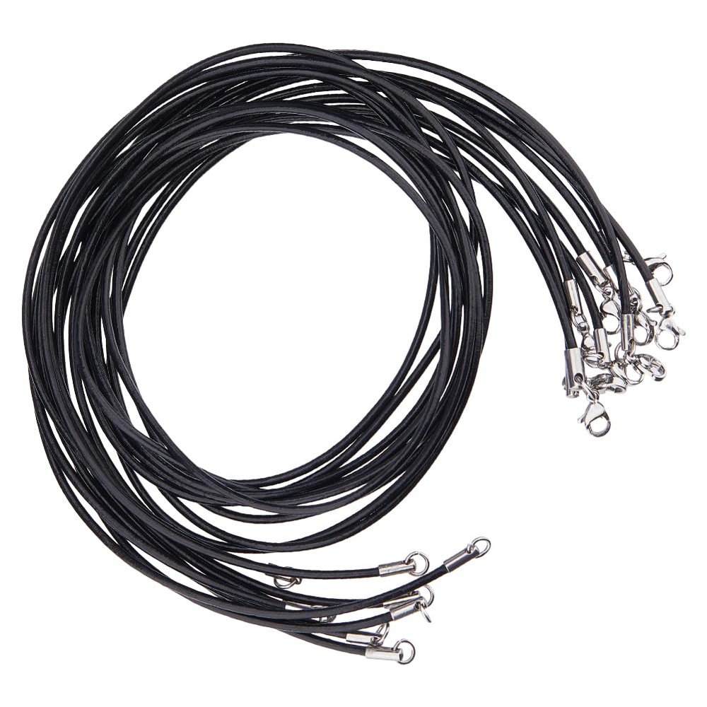 Hobbspring 10pcs Black Genuine Leather Cord Necklace 20 inch Rope Chain Necklace with Stainless Steel Clasp Waxed Necklace Cord for Women and Men Necklace Jewelry Making Supplies