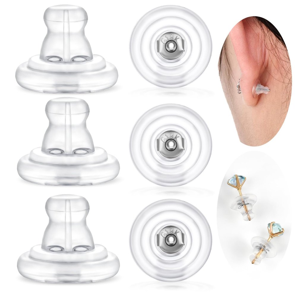 12PCS Earring Backs,18K Gold Silicone Earring Backs Replacements, Locking Secure Backs for Studs/Droopy Ears, No-Irritate Hypoallergenic Soft Clear for Women Men, White Gold