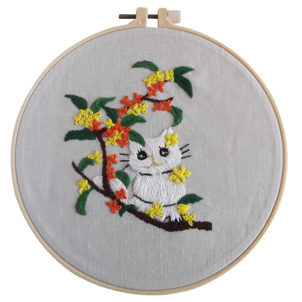 Aureate Embroidery Kits Handmade Floss DIY Linen Fabric Wall Art Home Decoration Needlepoint Needlework Wall Decor Art Craft kit Floral Kitten (No Hoop)