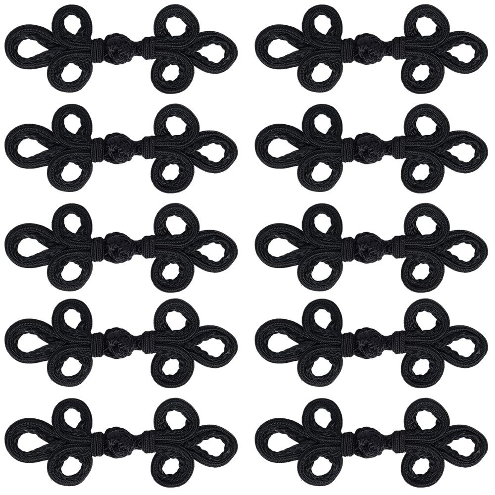 CABODYALS 10 Pairs Black Chinese Style Frog Knot Buttons Embroidery Closure Knots Bulk Traditional Fabric Flower Shape Button Fasteners Bulk for Sewing Making Cheongsam Tang Accessories DIY Art Craft