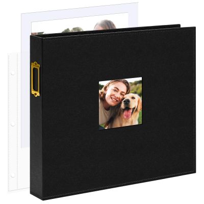 Vienrose 12x12 Inch Large 3 Ring DIY Scrapbook Photo Album Leather Cover Scrap Book Albums Blank Scrapbooks Photobook with 50 Plastic Sleeves 100 Pages for Wedding Baby Family Anniversary (Black)