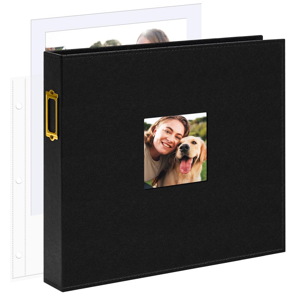 Vienrose 12x12 Inch Large 3 Ring DIY Scrapbook Photo Album Leather Cover Scrap Book Albums Blank Scrapbooks Photobook with 50 Plastic Sleeves 100 Pages for Wedding Baby Family Anniversary (Black)