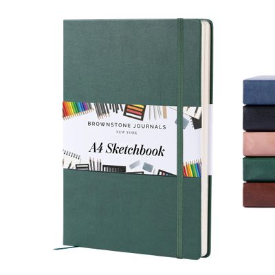 BROWNSTONE JOURNALS A4 Sketch Book Hardcover - 80 Sheets 100 GSM Paper 8.5"x11.5", Lay Flat, Vegan Leather Cover, Elastic Band, Back Pocket, Art Drawing Book (Dartmouth Green)