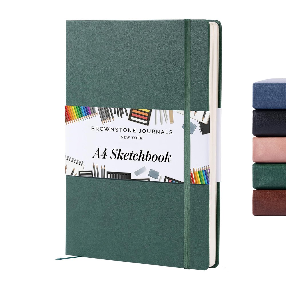 BROWNSTONE JOURNALS A4 Sketch Book Hardcover - 80 Sheets 100 GSM Paper 8.5"x11.5", Lay Flat, Vegan Leather Cover, Elastic Band, Back Pocket, Art Drawing Book (Dartmouth Green)